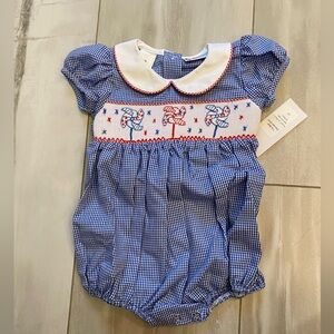 NWT The Best Dressed Child Classic Blue Gingham Smocked Pinwheel Bubble, size 6M
